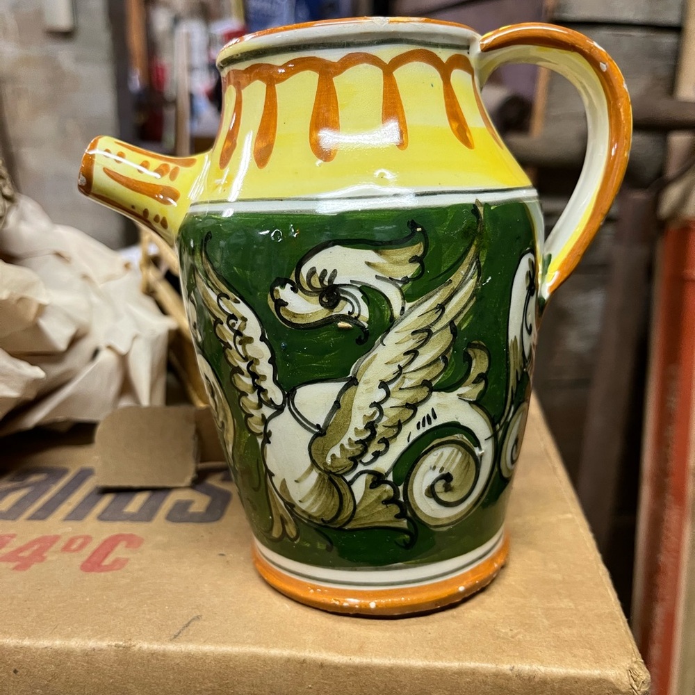 Handcrafted Ceramic Pitcher with Green and Yellow Design